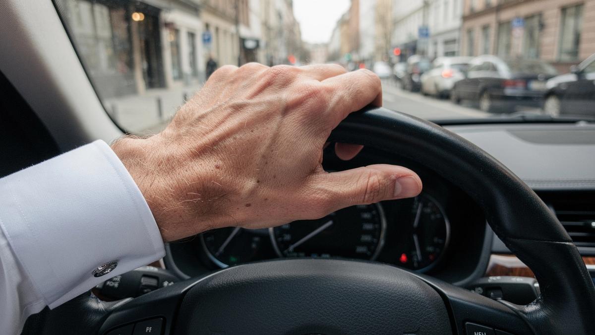 Driver cuff and hand resting on the steering wheel of an executive sedan